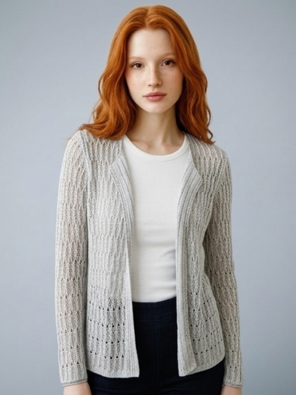 Chico’s Size 1 (M) Open Knit Cardigan Lightweight Sheer Neutral Gray Layer Boho
